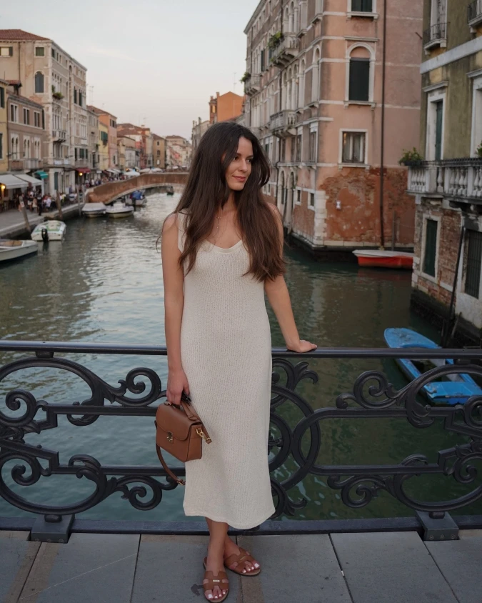 Cream Knit Midi Dress With Tan Sandals
