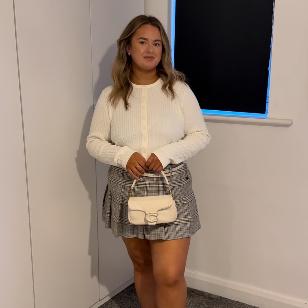 Cream Ribbed Cardigan and Plaid Skirt Co-ord Casual Preppy Chic