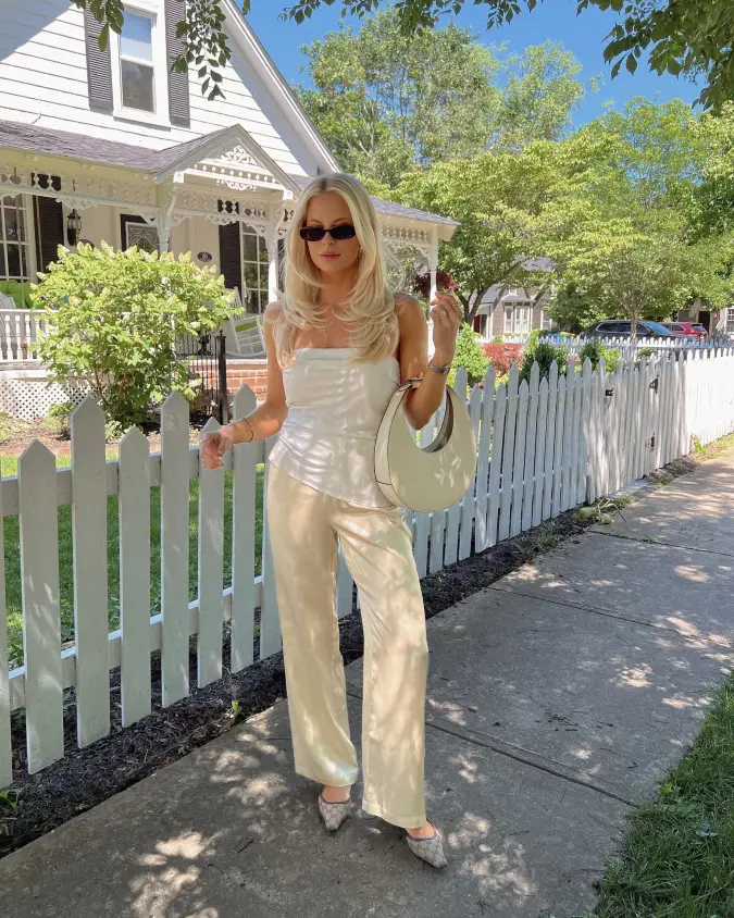 Cream Satin Pants With Simple White Tank