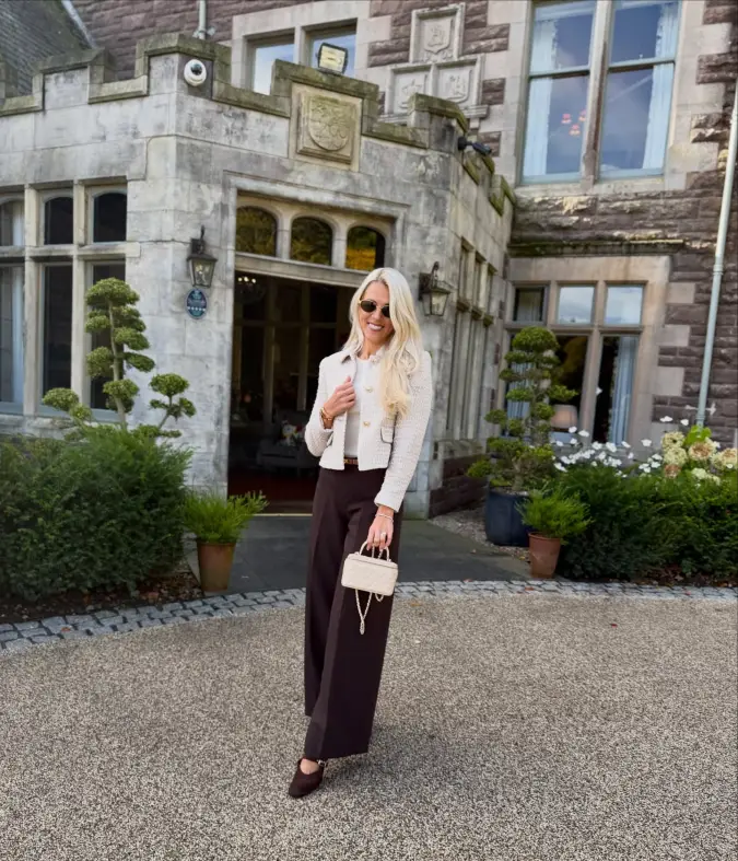 Cream Textured Jacket, Chocolate Wide Leg Trousers, Polished First Outing Style for a New Mom