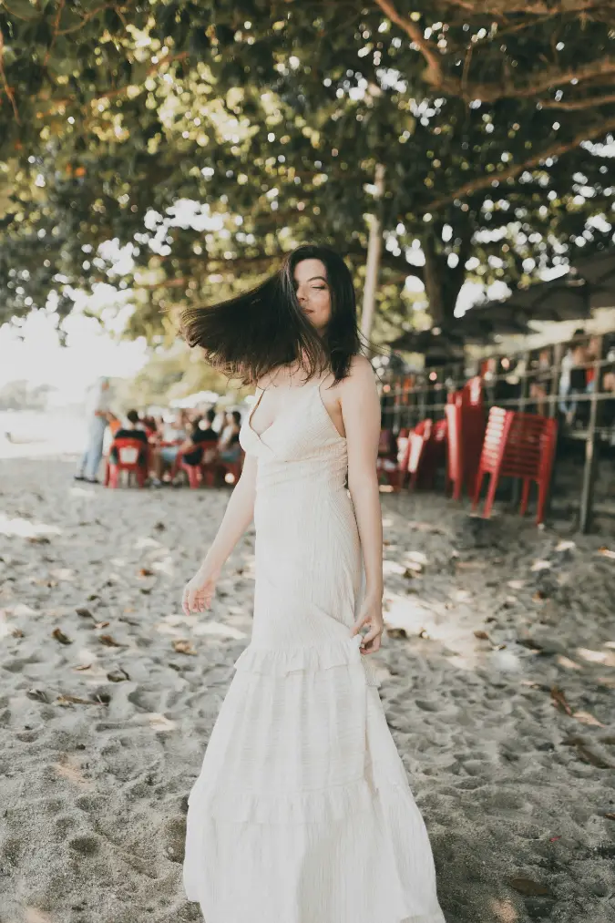 Cream Tiered Maxi Dress Under Beachside Shade