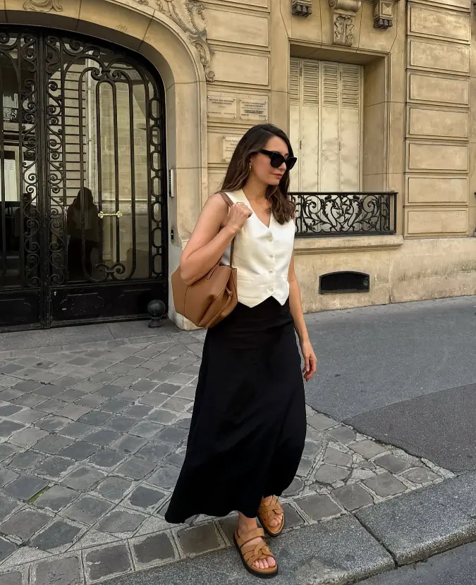 Cream Vest With Black Maxi Skirt