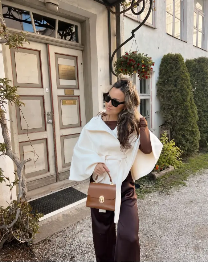 Cream Wrap Cape and Chocolate Wide Leg Pants for a Soft Anniversary Date Outfit