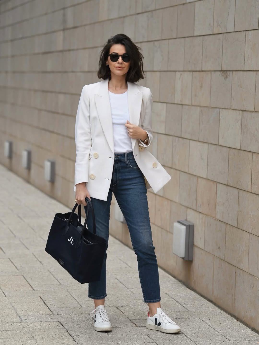 Crisp White Double-Breasted Tailoring with Dark Wash Denim for Effortless Polish