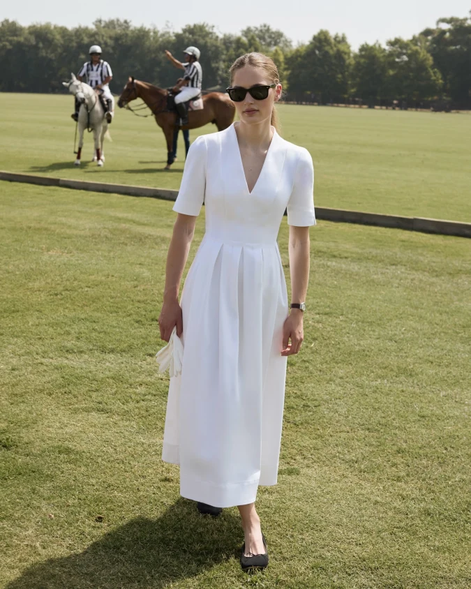 Crisp White Pleated Midi Dress with Structured Waist at Polo Field