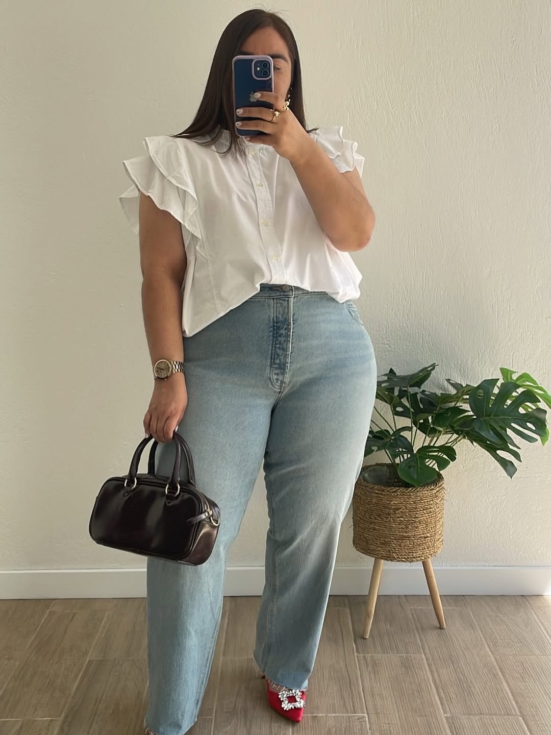 Crisp White Ruffled Blouse and Light Wash Wide Leg Jeans Casual Chic