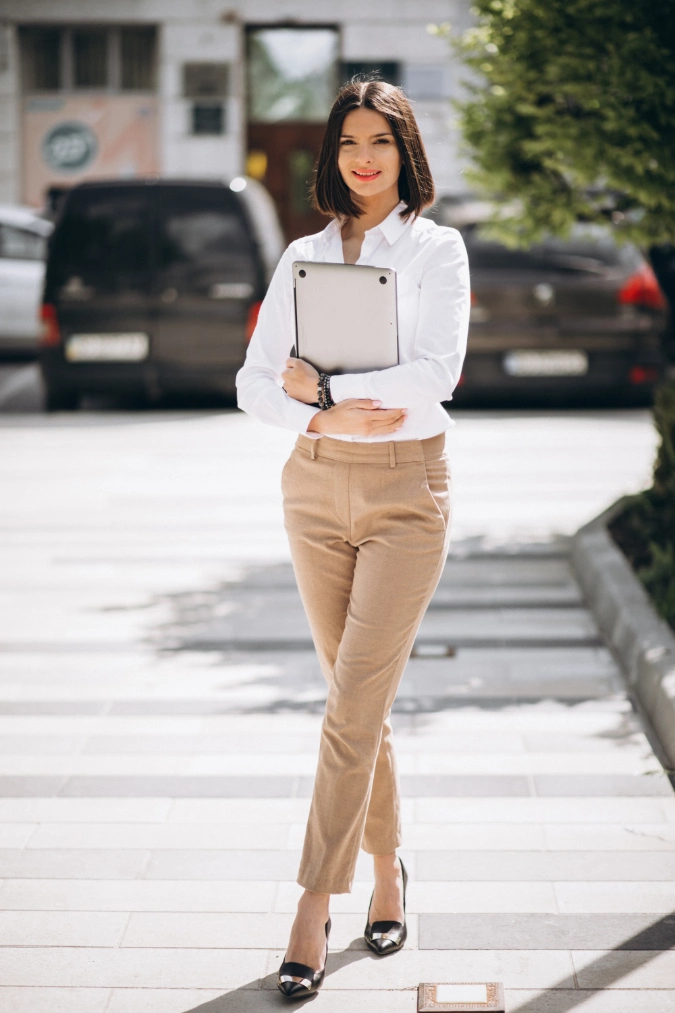 Crisp White Shirt with Camel Tailored Trousers and Workday Coffee Walk