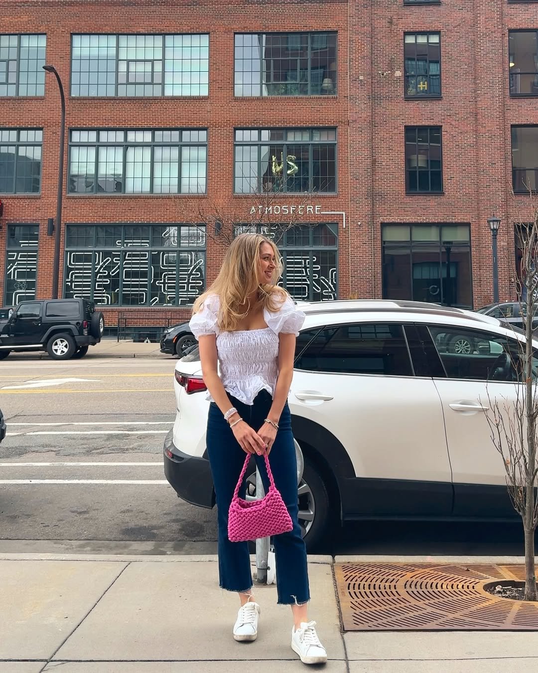 Crisp White Smocked Top with Denim for Preppy Casual Brunch
