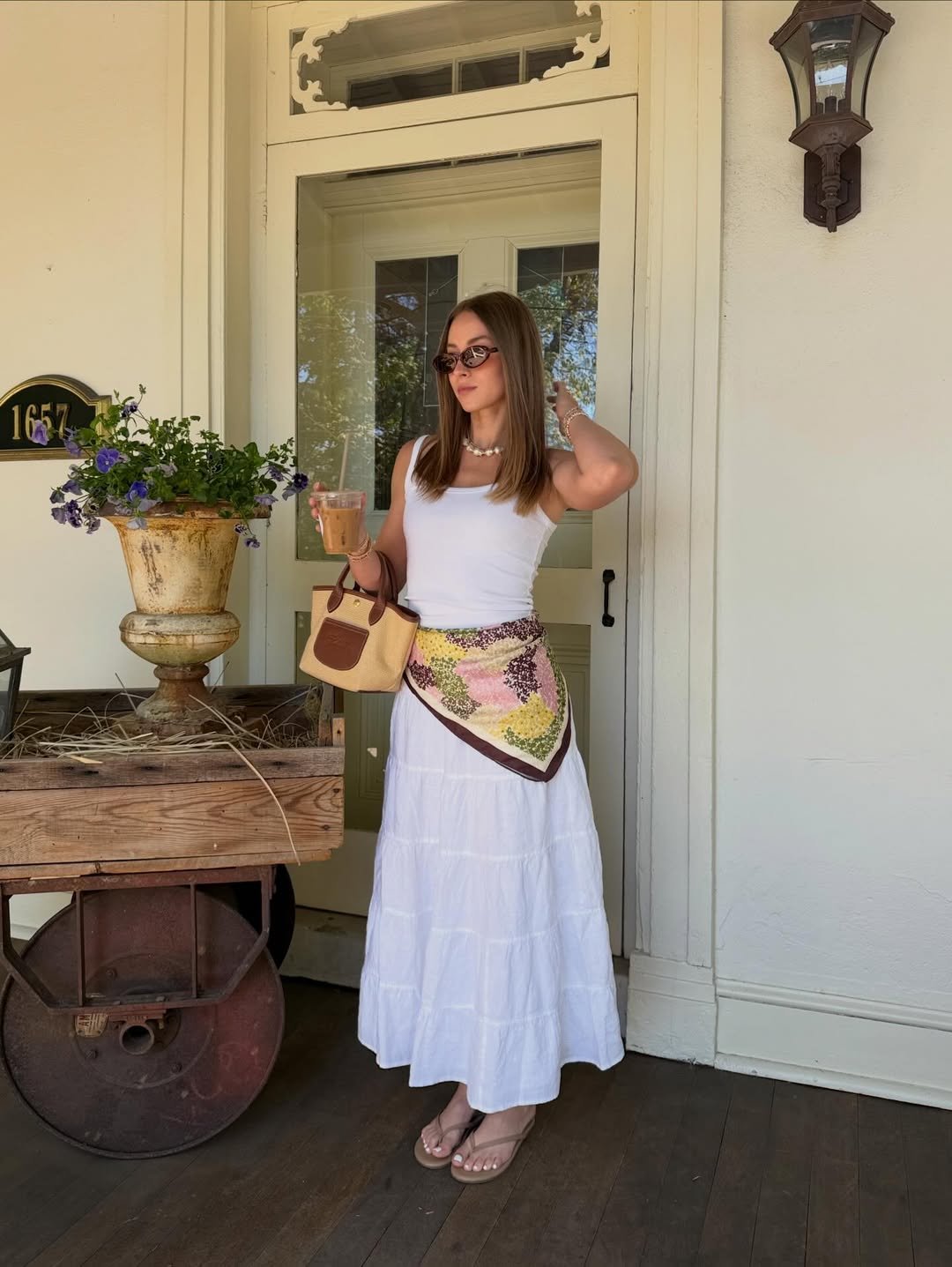 Crisp White Tiered Maxi and Floral Scarf Waist Wrap Elegant Casual Weekend Style