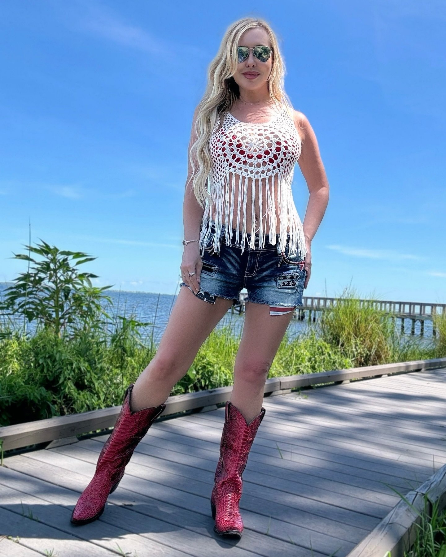 Crocheted Fringe Top with Themed Denim and Red Cowboy Boots