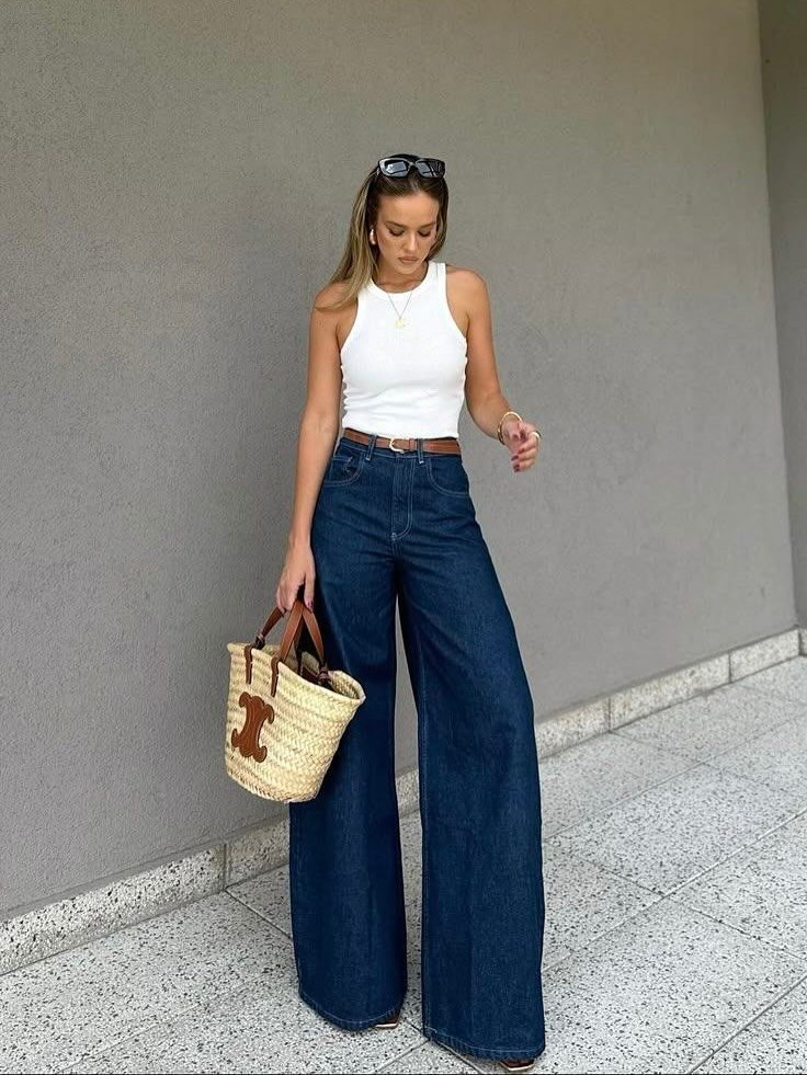 Dark Indigo Ultra Wide-Leg Denim with White Racerback Tank and Woven Tote