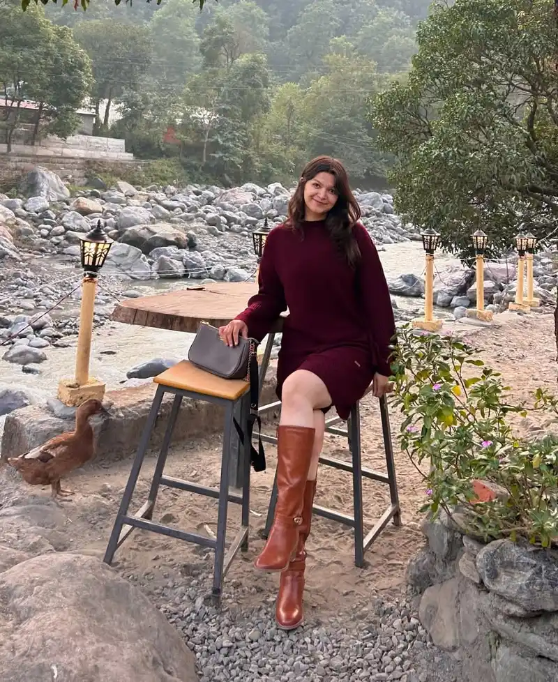 Deep Burgundy Knit Sweater Dress with Tall Chestnut Leather Boots