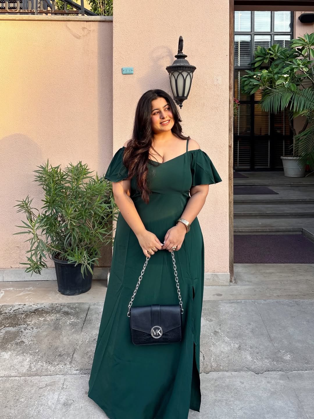 Deep Forest Green Cold-Shoulder Maxi Dress Earthy Evening Wear