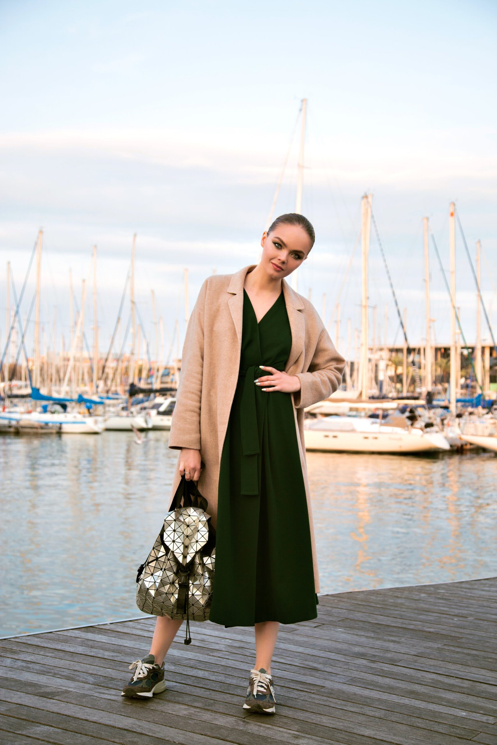 Deep Green and Camel First Date Dinner Outfit: Modest Wrapped Midi Dress & Loose Cozy Trench Coat