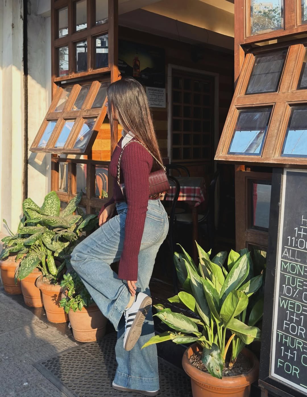 Deep Maroon Knit & Wide Leg Denim Effortless Autumn Luxury