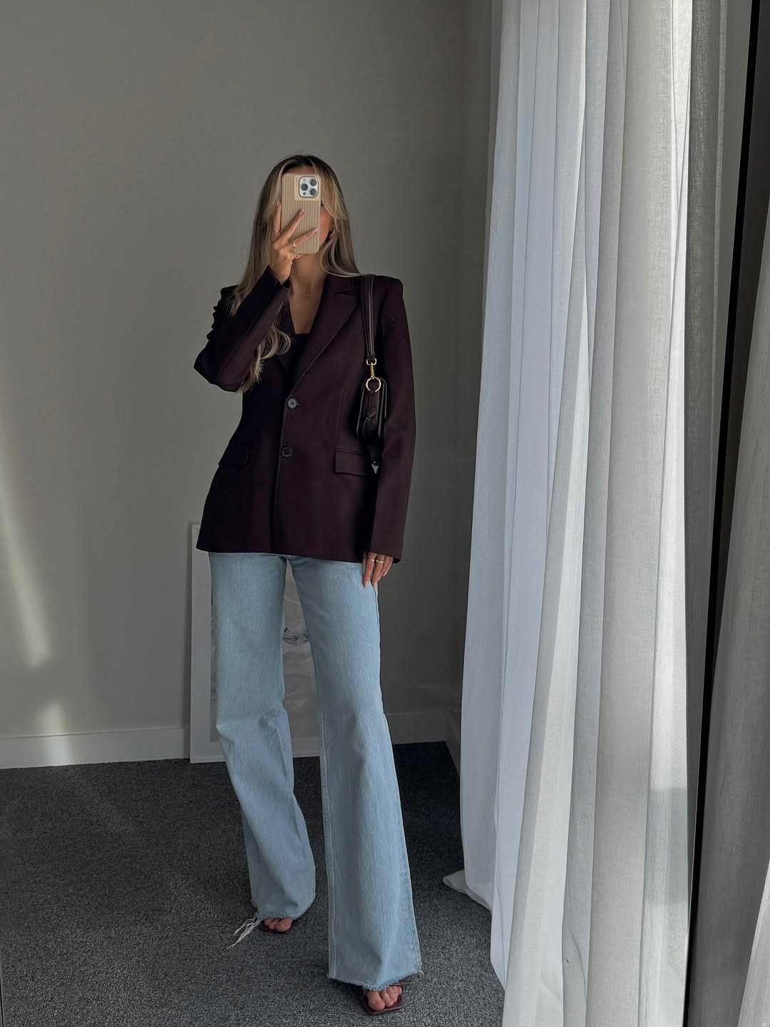 Deep Plum Tailored Blazer with Relaxed Wide-Leg Denim Elevated Minimalist Casual Chic