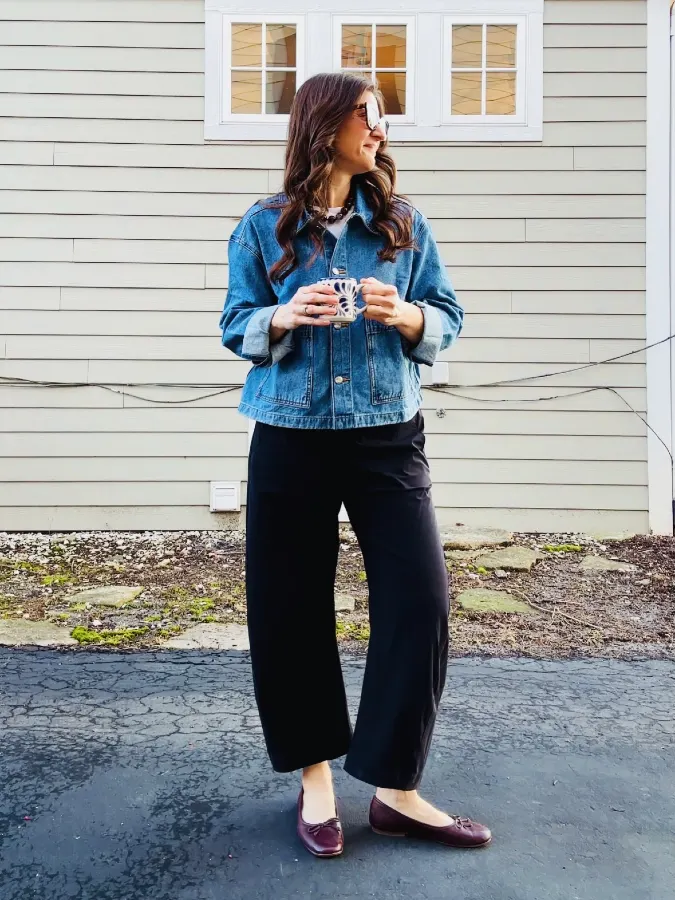 Denim Jacket With Black Wide Leg Pants for Relaxed School Pickup Mom Style