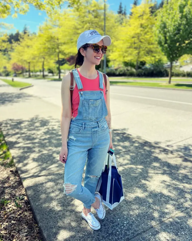 Denim Overalls, Coral Brights, Casual Weekend School Style