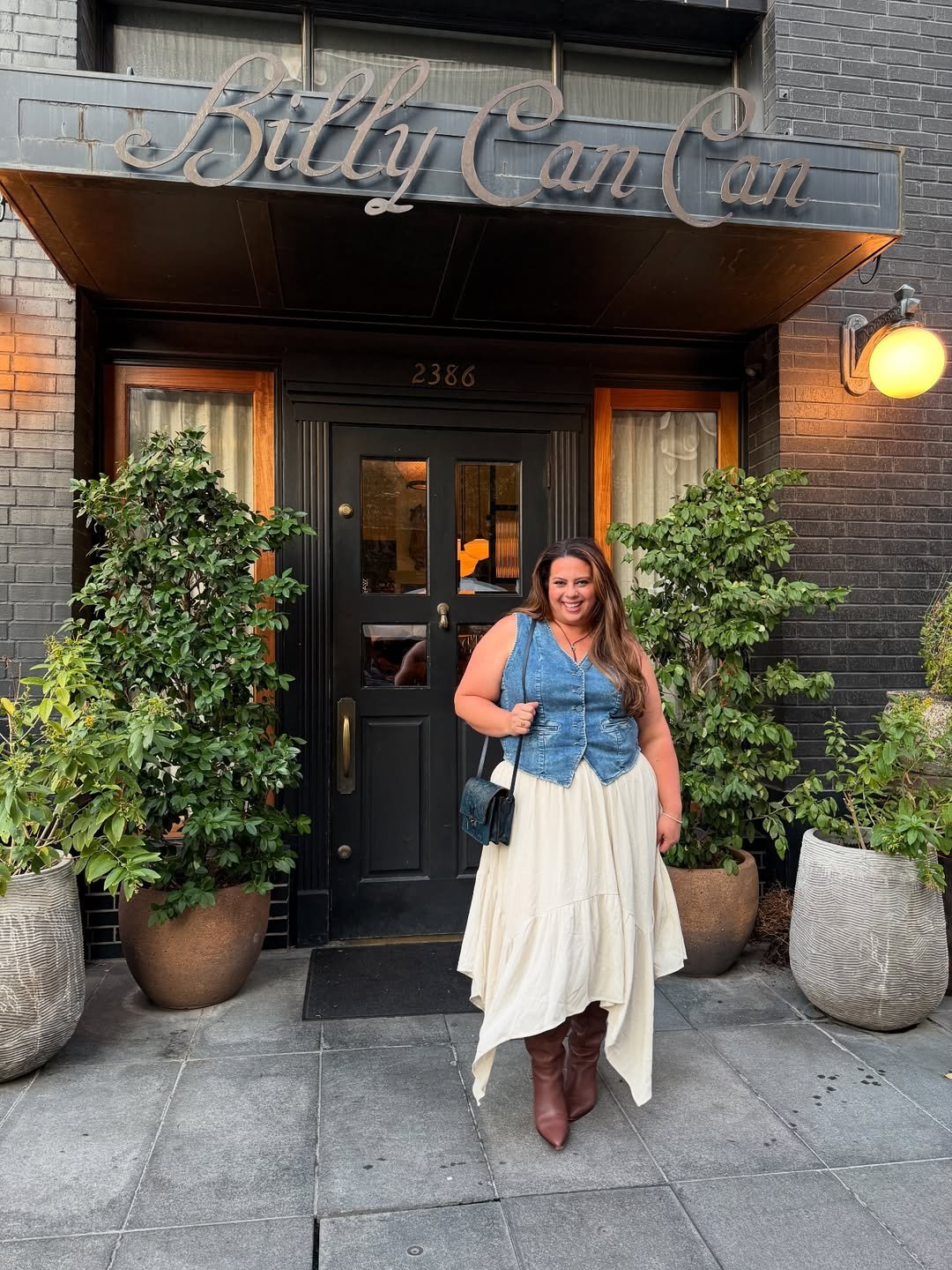 Denim Vest, Flowy Skirt, Brown Boots, Casual Style