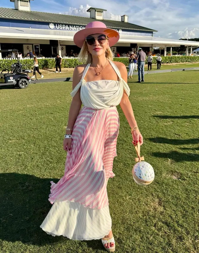 Draped Ivory Top with Pink Striped Flowing Skirt at Clubhouse Lawn