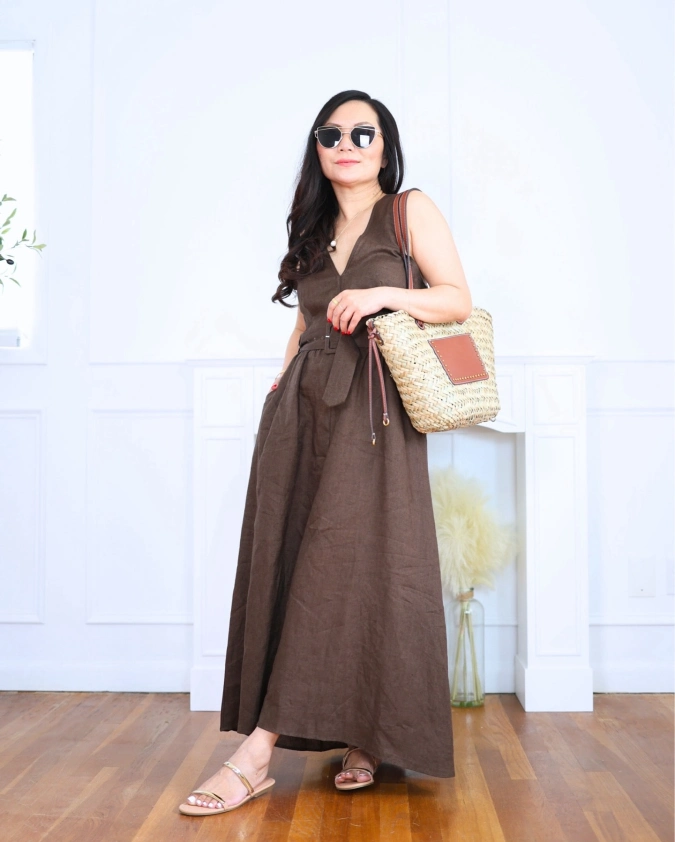 Earth Tone Linen Maxi Dress for Petite Women