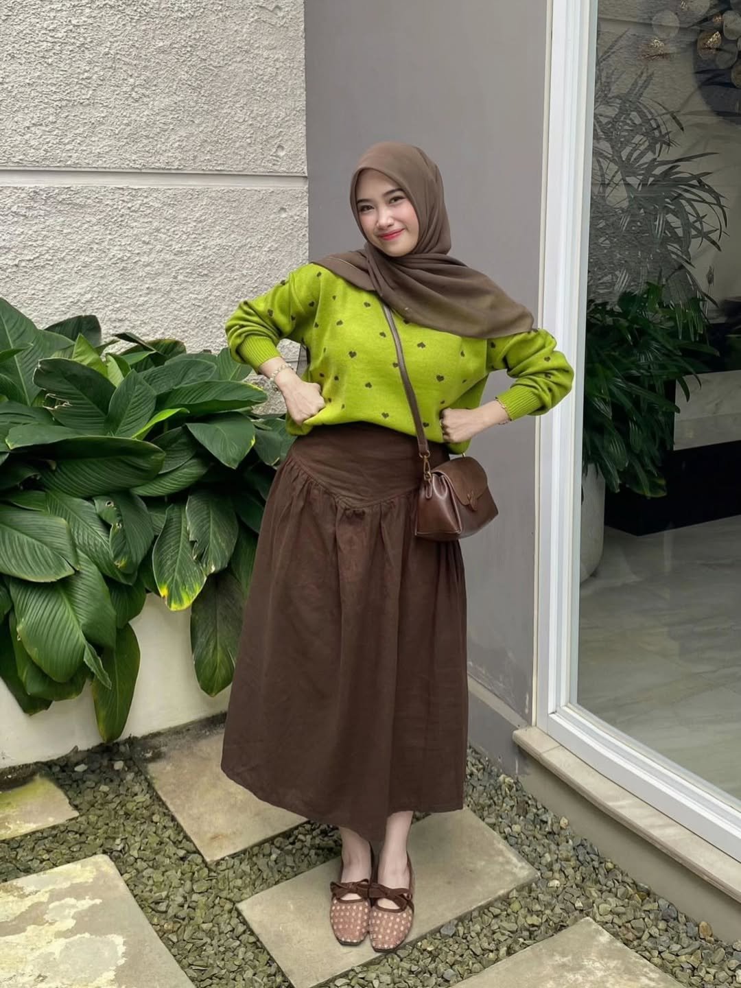 Earthy Lime Green Heart Knit Skirt Combo for Modest Conference Wear