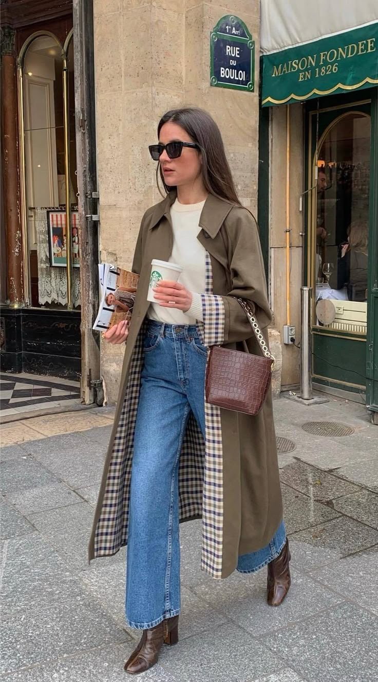 Earthy Olive Trench & Wide-Leg Denim Elevated Autumn Streetwear