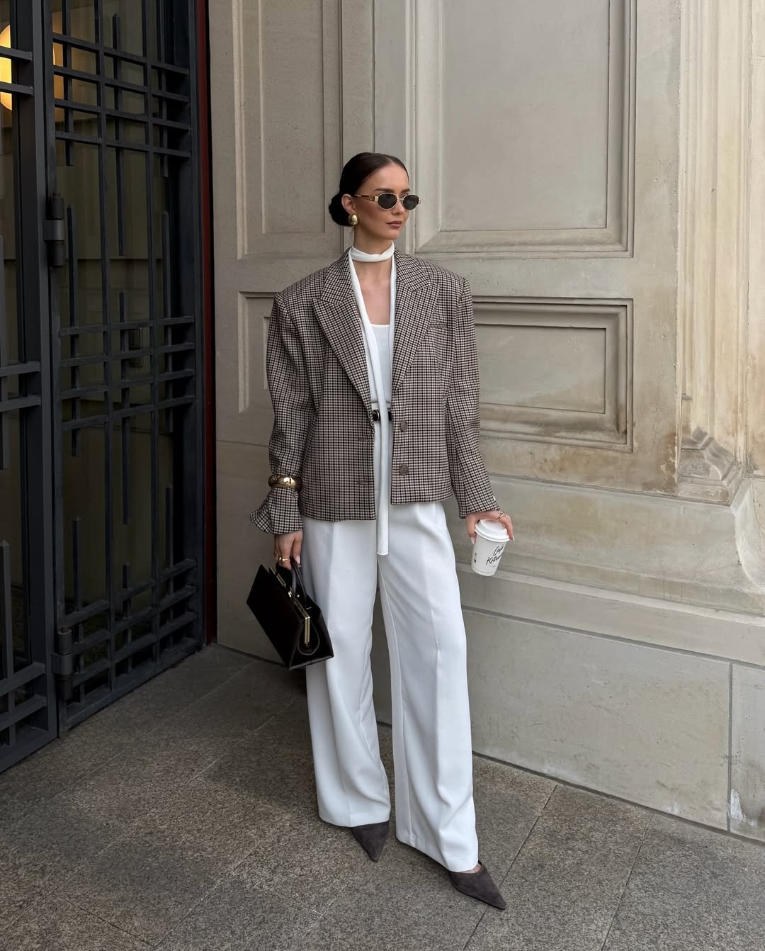 Earthy Patterned Oversized Blazer and Flowing Cream Trousers for Creative Industry Interviews