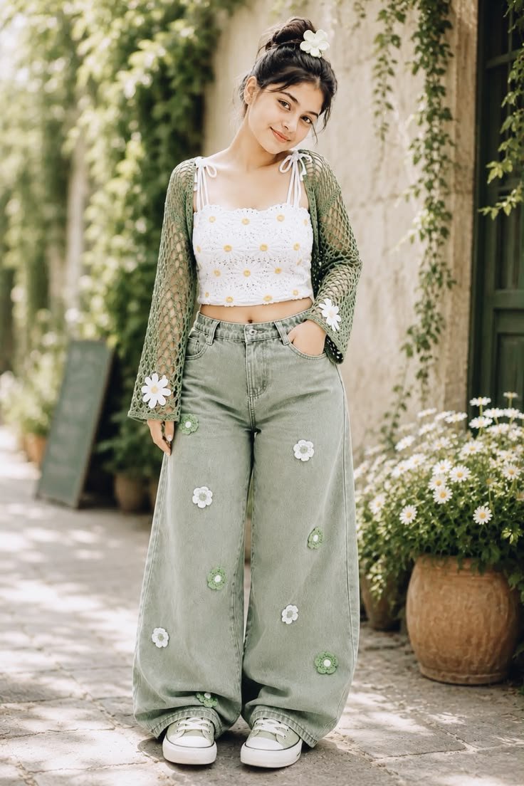 Earthy Sage Colors and Breezy Wide Legs Relaxed, Fun Daisy Layering for Teen Weekends