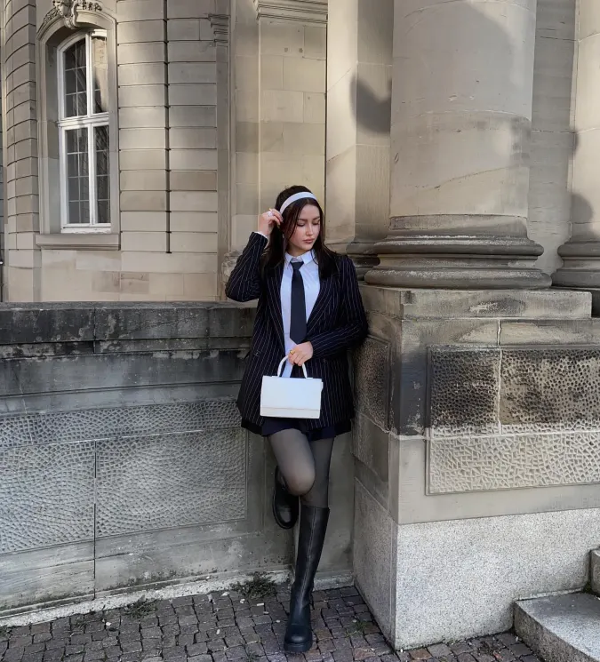 Edgy Academia Style, Dark Pinstripe Fit, Tailored Separates: A Sharp School Look