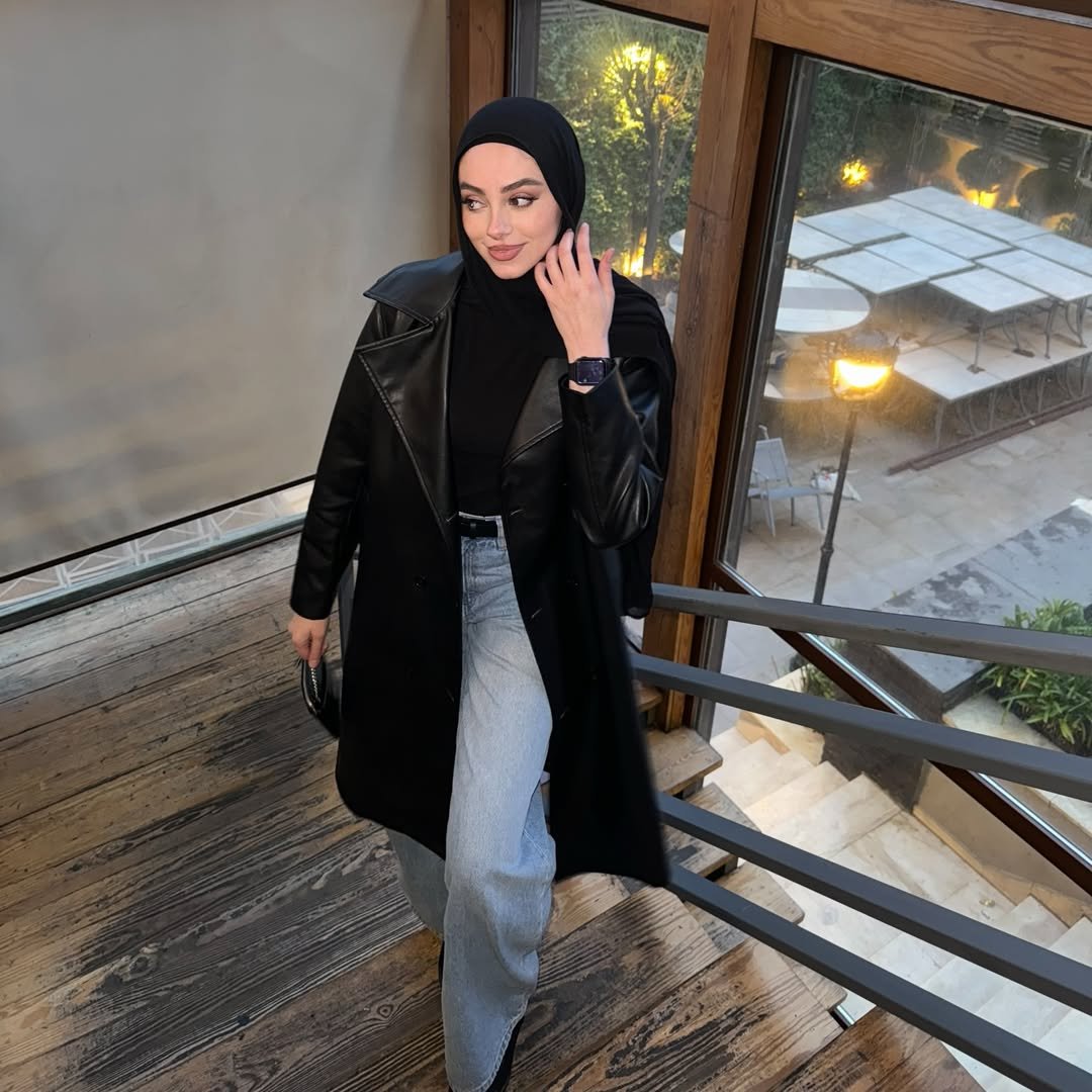 Edgy Black Leather and Light Wash Denim Modest Conference Attire