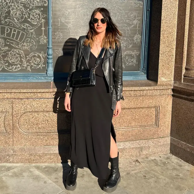 Edgy Black Maxi Dress with Moto Layering for Petite Women