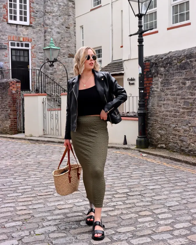 Edgy Olive Skirt Weekend Look