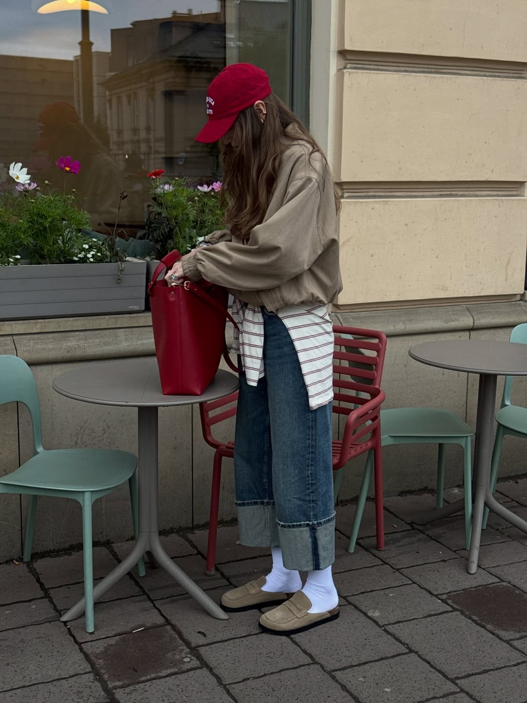 Effortless Cuffed Denim and Pops of Crimson