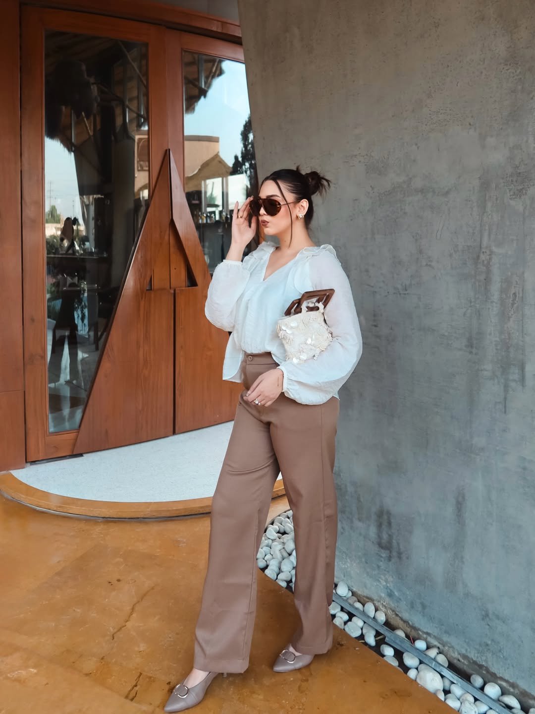 Effortless Mocha Trousers And White Blouse Ensemble