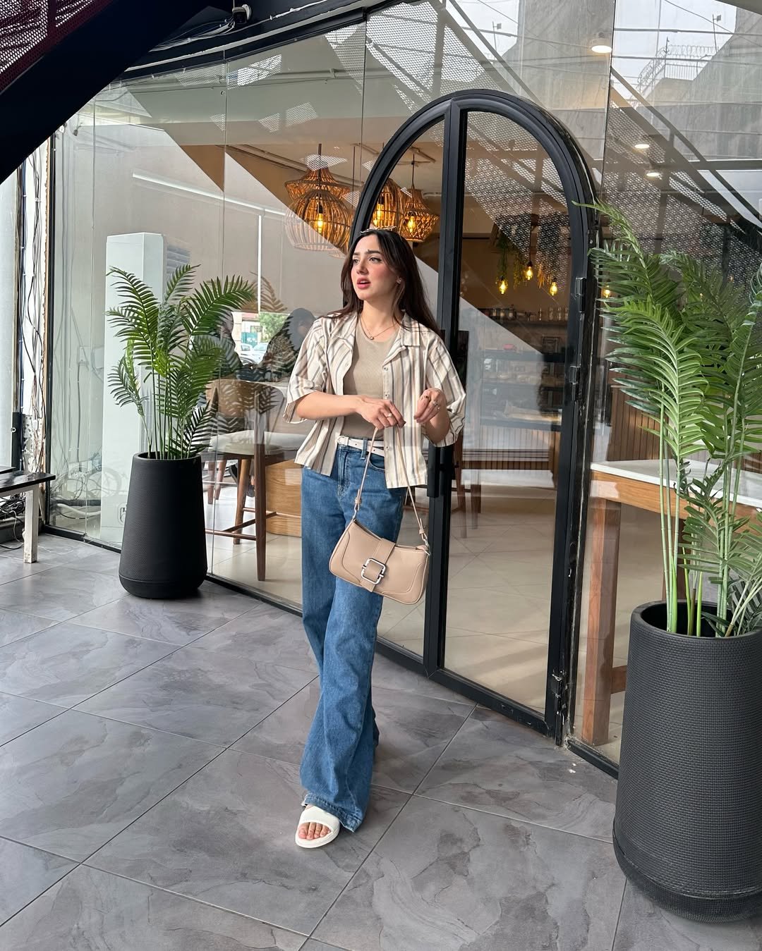 Effortless Neutral Striped Layers and Wide-Leg Denim for Country Club Brunch