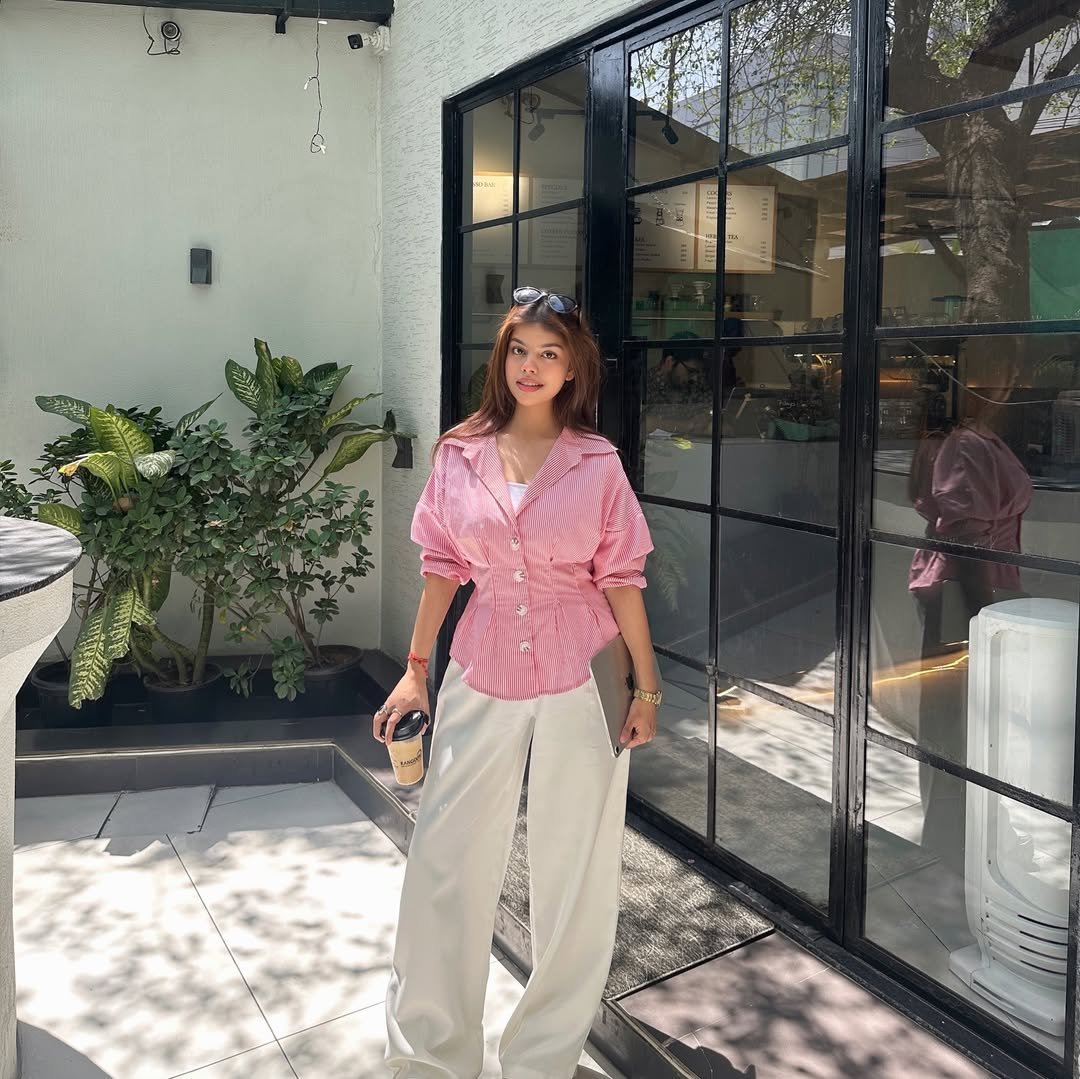 Effortless Pink Striped Shirt and Wide Leg Cream Trousers Chic Casual Streetwear