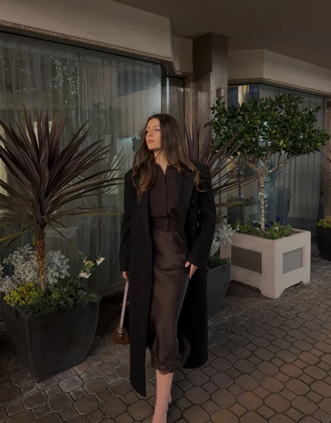 Elegant Black Coat With Satin Slip Skirt