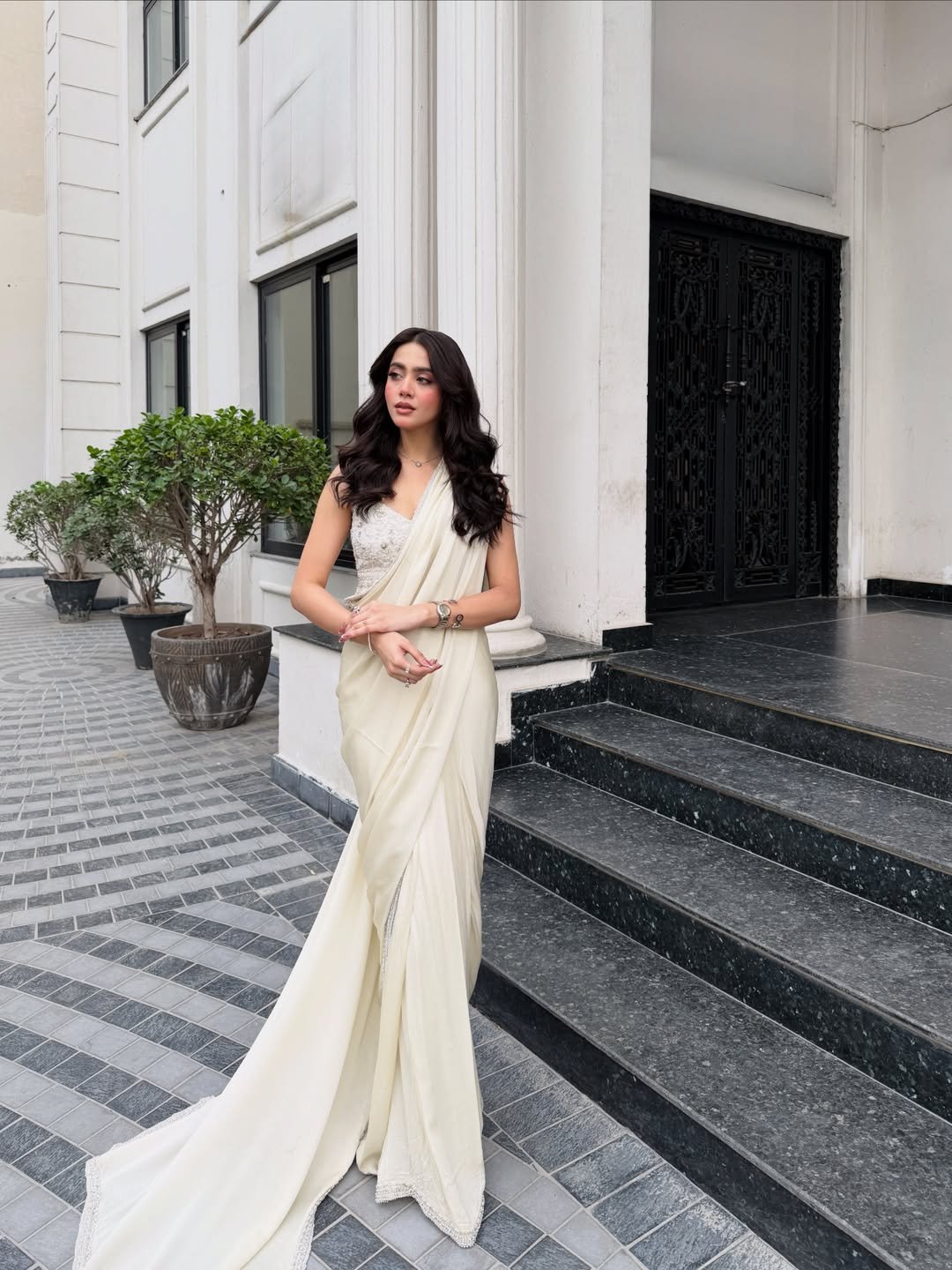 Elegant Cream and Sparkle Draped Evening Look