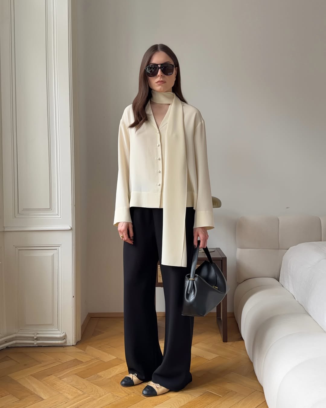 Elegant Scarf Blouse and Wide-Leg Trousers
