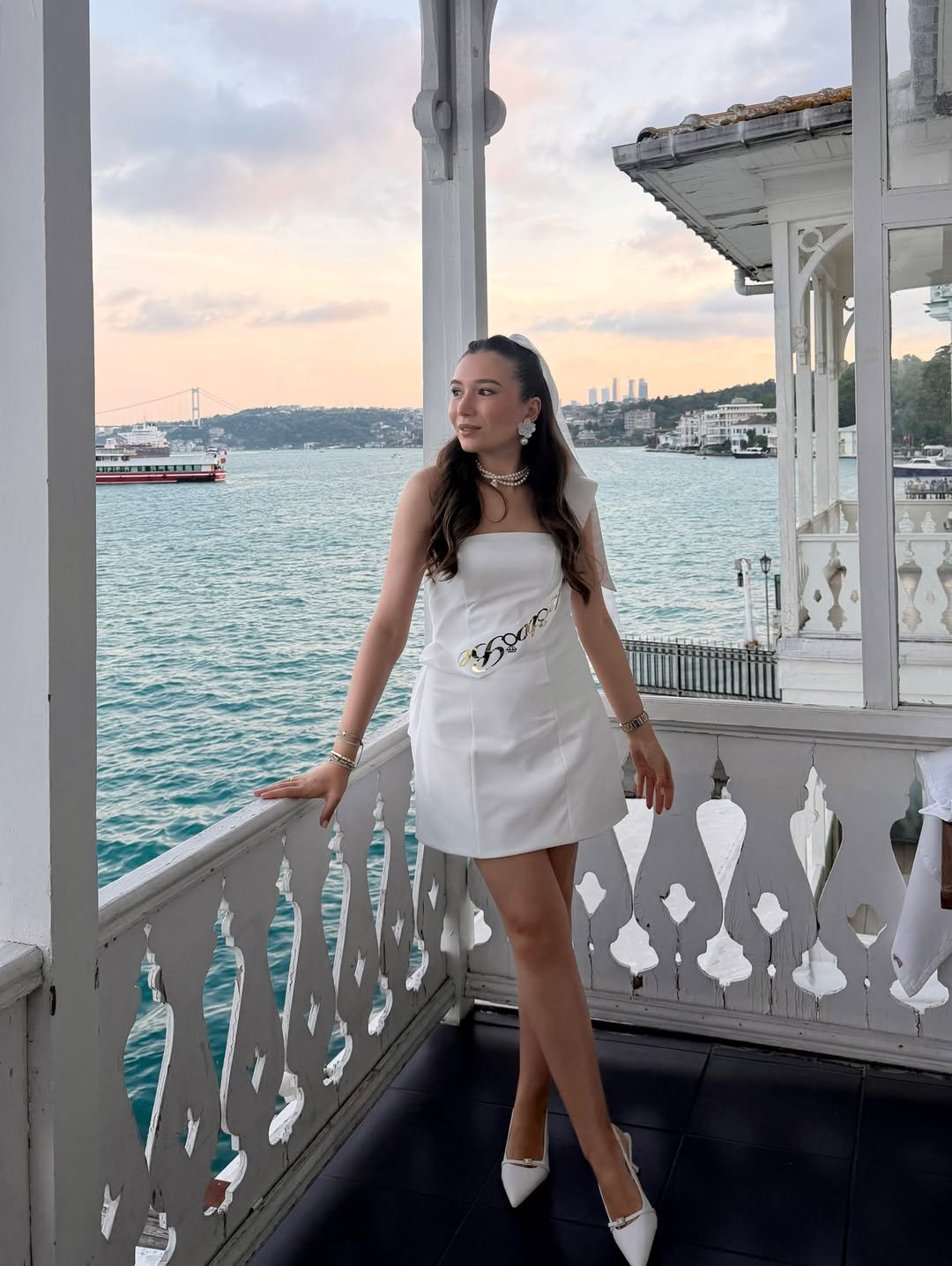 Elegant White Mini Dress Bachelorette Party Look with Bride Accessories