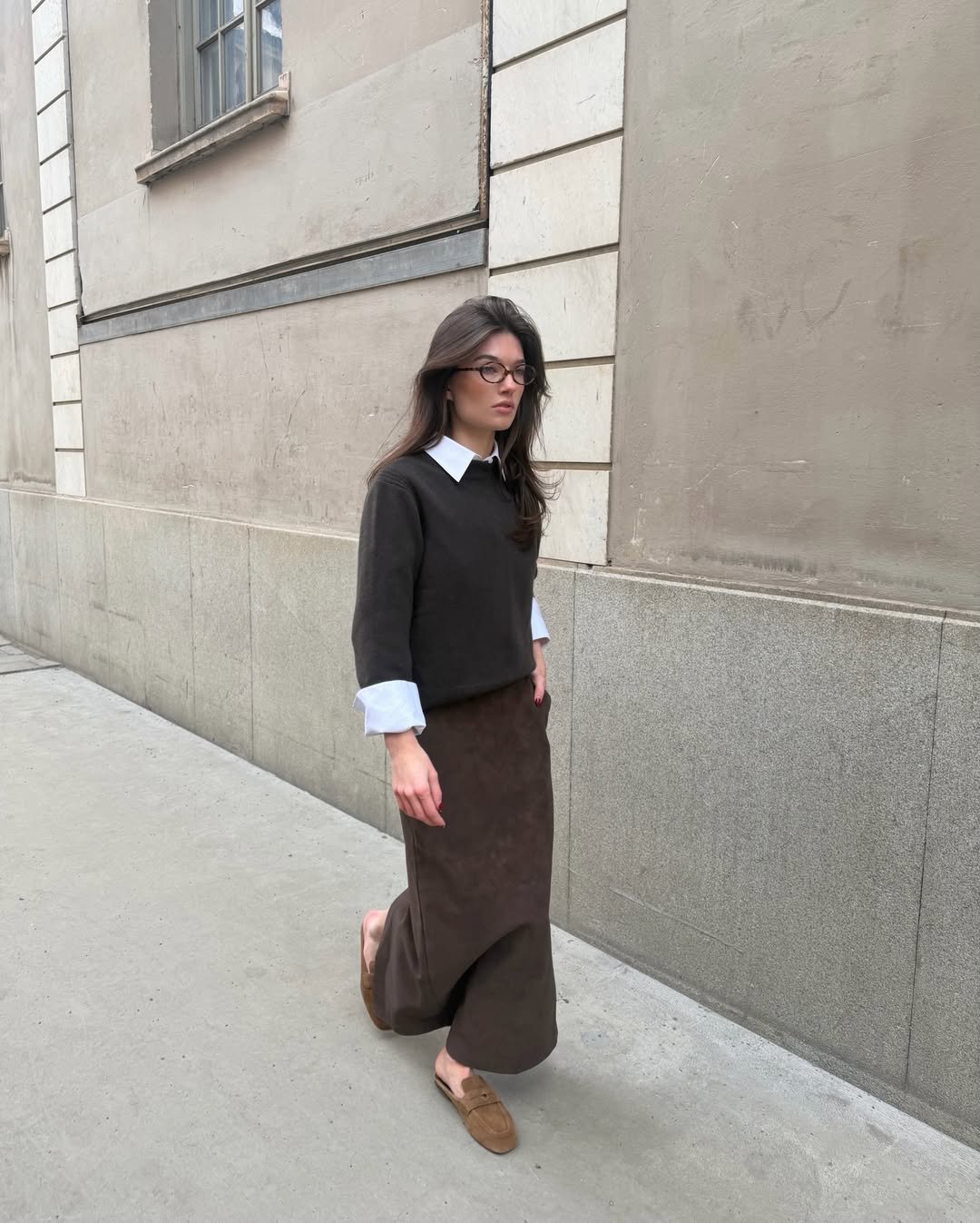 Elevated Minimalist Layered Knitwear and Suede Maxi Skirt