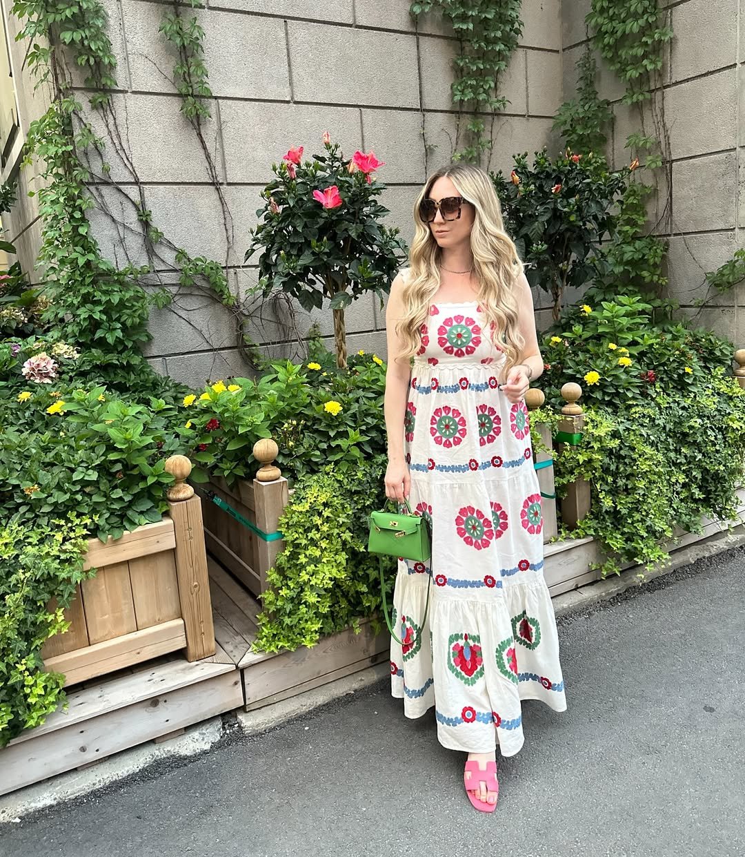 Embroidered White Maxi Dress with Apple Green Mini Bag and Pink Sandals