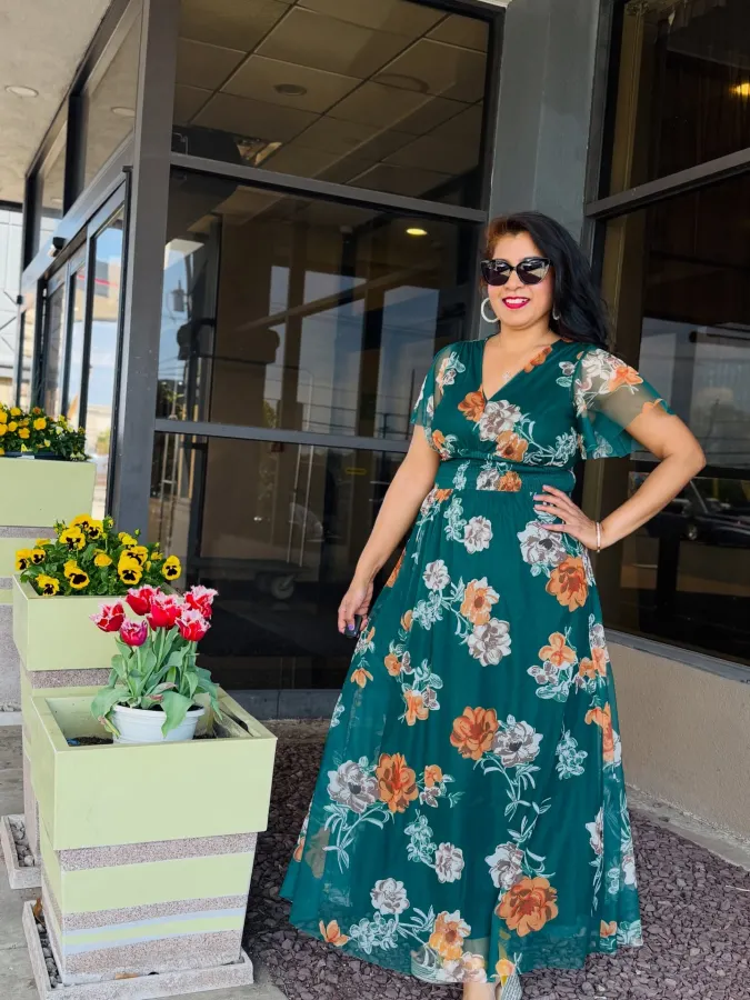 Emerald Floral Chiffon Maxi with Flutter Sleeves