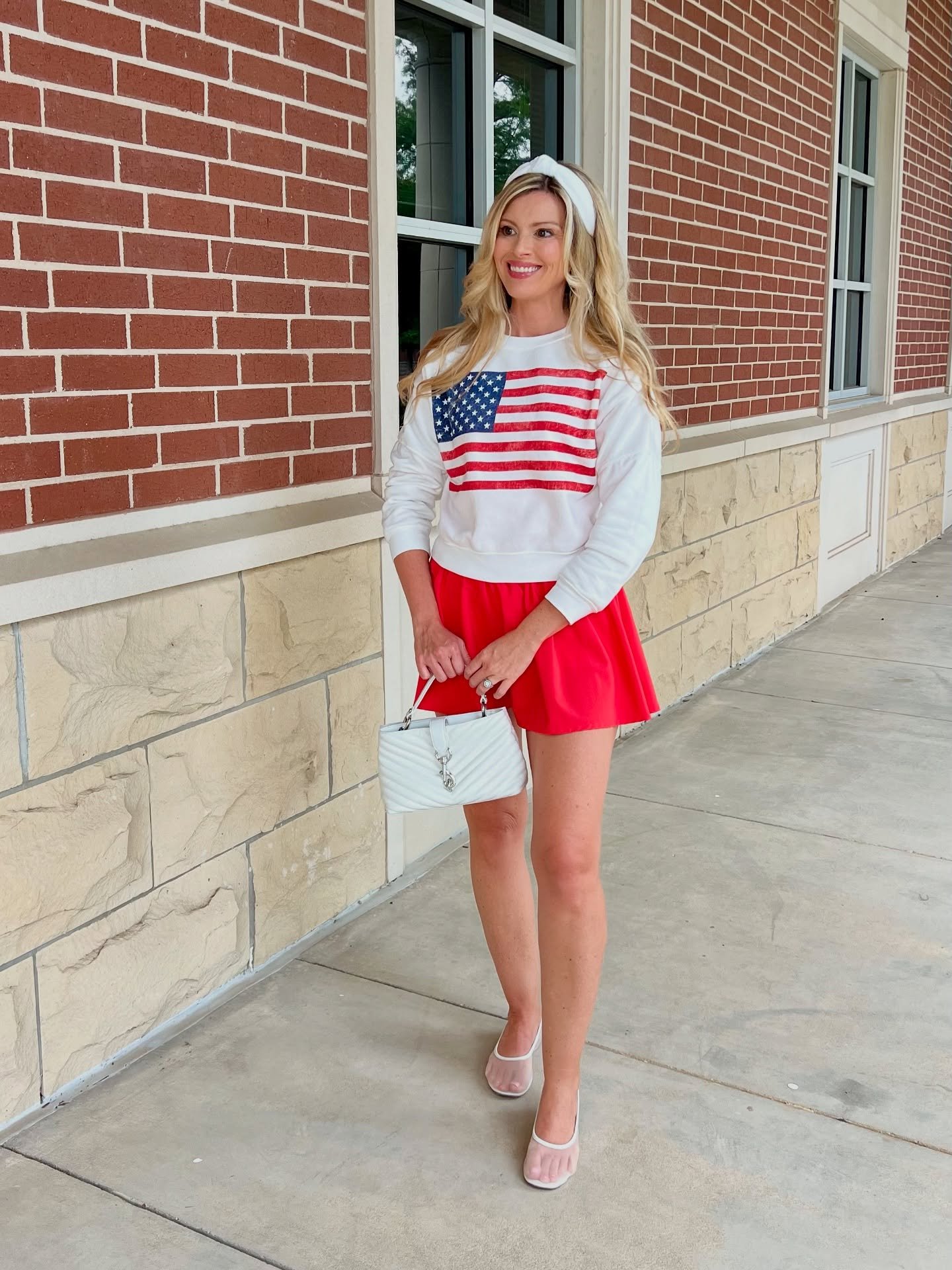 Flag Sweatshirt with Red Mini Skirt and White Accessories