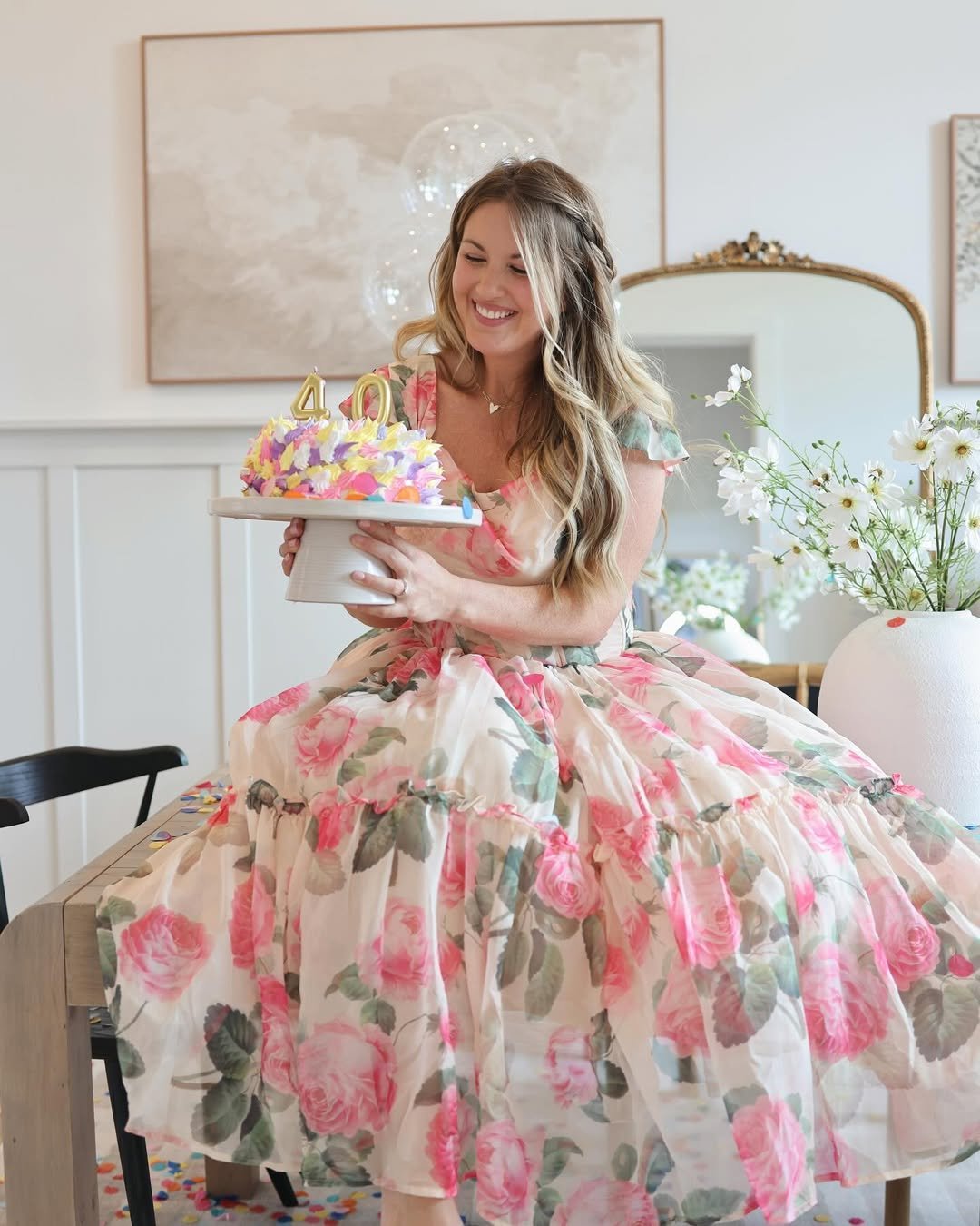 Floral Ballgown with Fluffy Tiered Skirt and 40th Birthday Cake