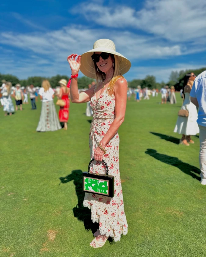 Floral Lace Maxi Dress with Straw Hat and Statement Box Bag on Polo Field Lawn