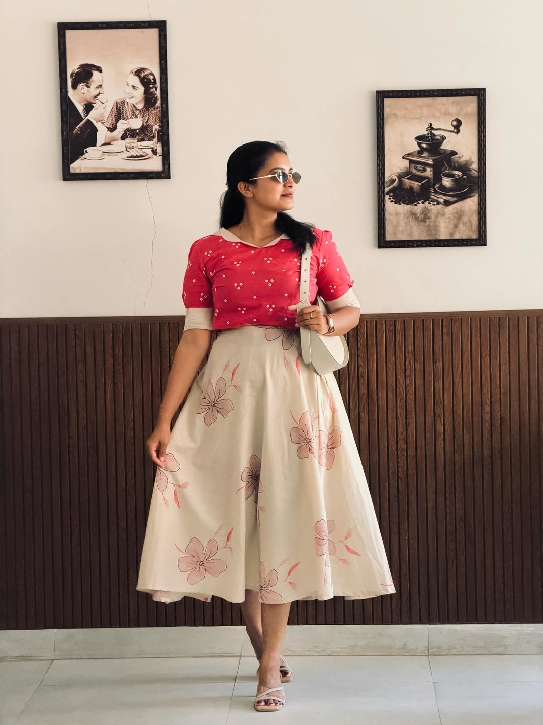 Floral Midi Skirt and Pink Top