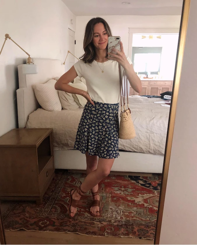 Floral Mini Skirt and White Tee Outfit