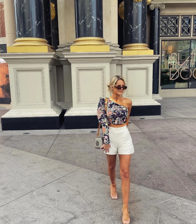 Floral One Shoulder Crop Top with White High Waist Shorts